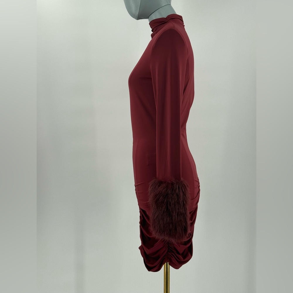 🆕 BRONX & BANCO 🧿 NWOT Eleanor Burgundy Fur Trimmed Mini Dress, Sz L US 8 - Picture 11 of 17